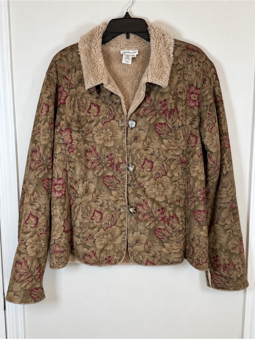 90s Coldwater Creek Floral Sherpa Lined Jacket Faux Shearling Barn Coat Petite L